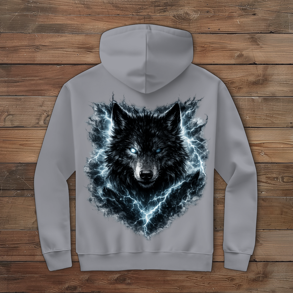 Herren Zipper Hoodie Finsterer Wolf im Blitzsturm