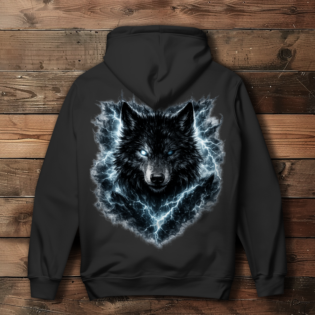 Damen Hoodie Finsterer Wolf im Blitzsturm