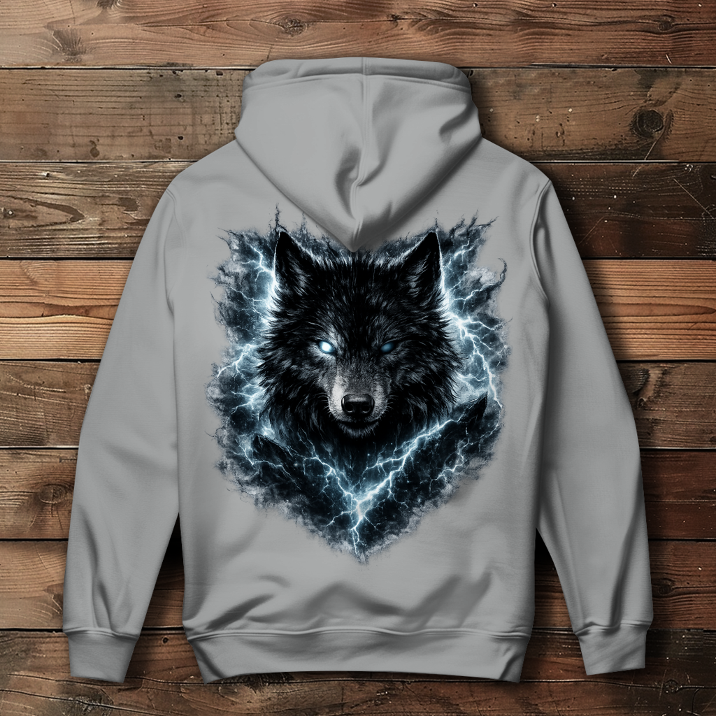 Damen Hoodie Finsterer Wolf im Blitzsturm