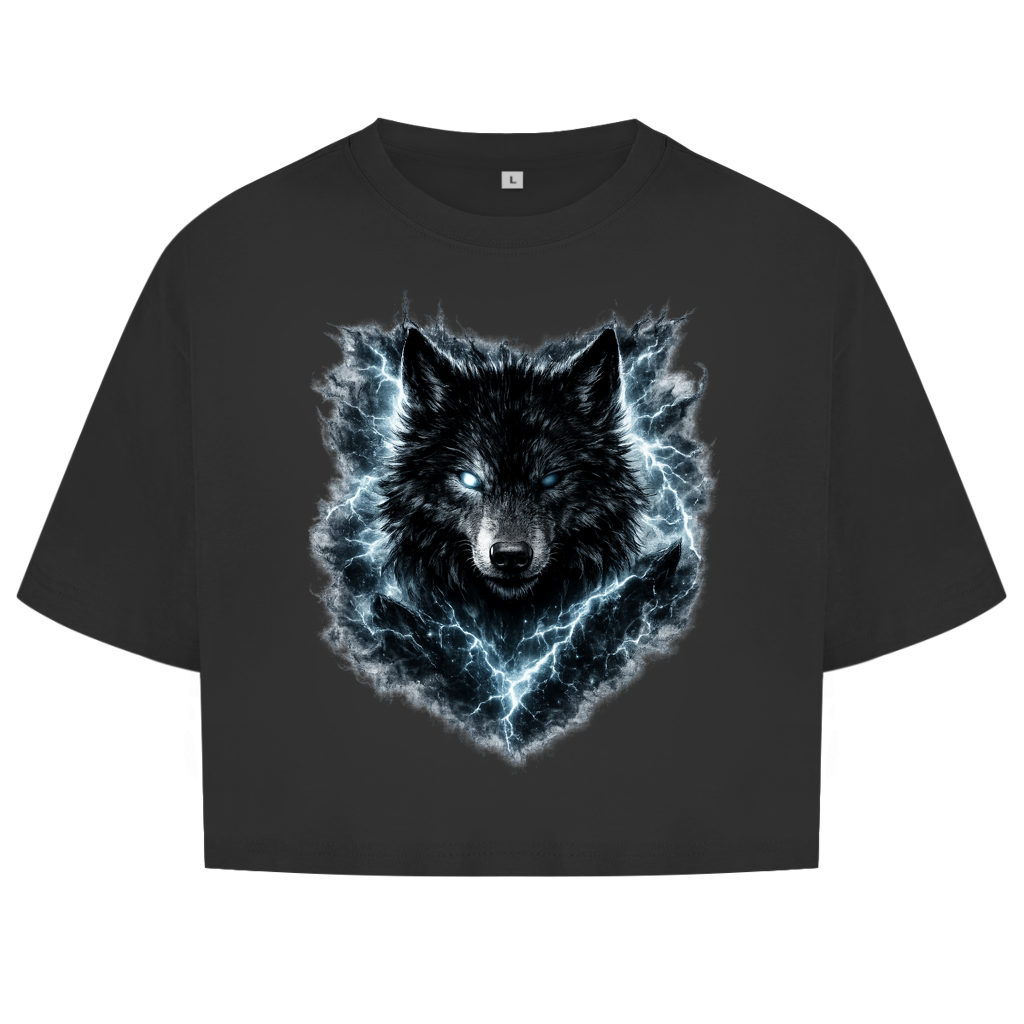 Damen Oversize Crop Top Finsterer Wolf im Blitzsturm
