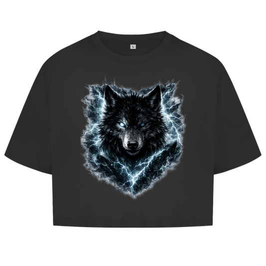 Damen Oversize Crop Top Finsterer Wolf im Blitzsturm