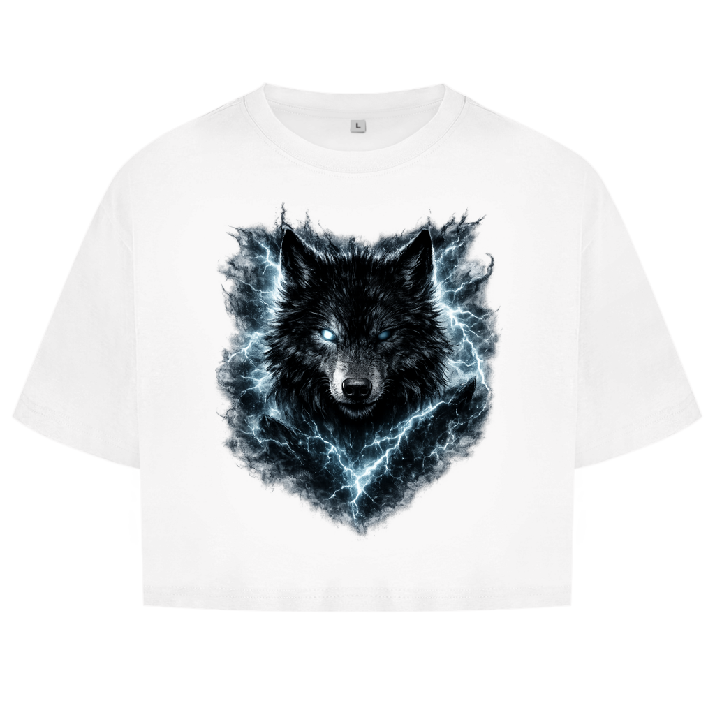 Damen Oversize Crop Top Finsterer Wolf im Blitzsturm