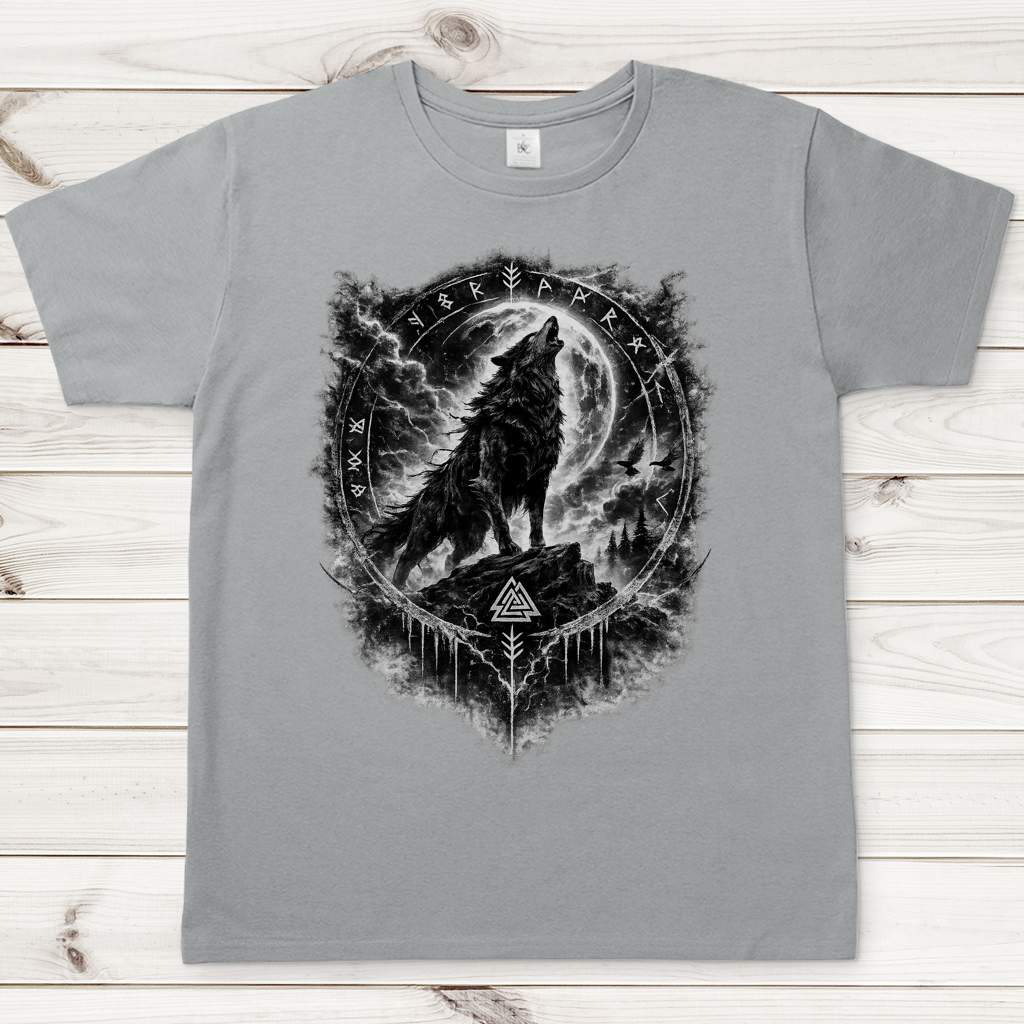 Herren T-Shirt Wolf im Runenkreis unter dem Mond
