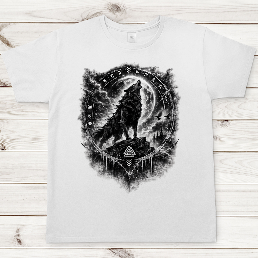 Herren T-Shirt Wolf im Runenkreis unter dem Mond