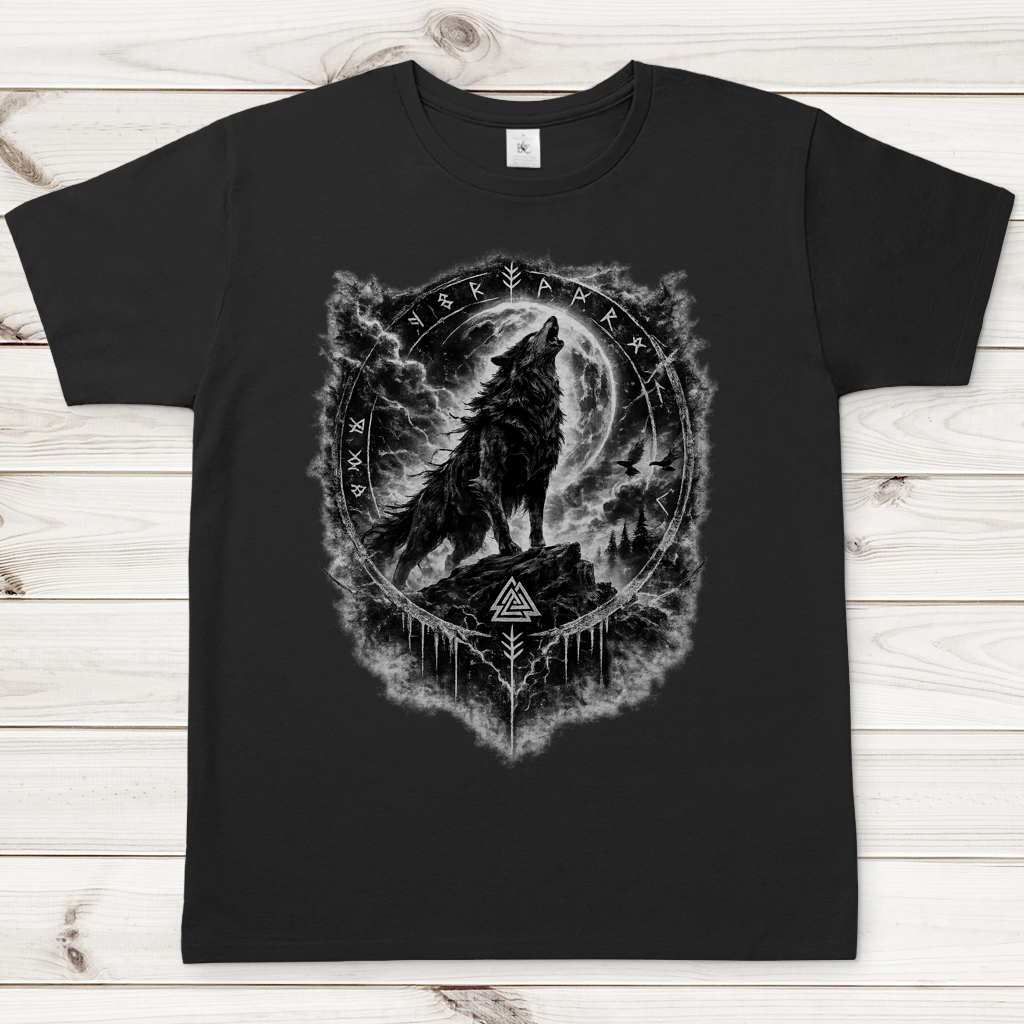 Herren T-Shirt Wolf im Runenkreis unter dem Mond