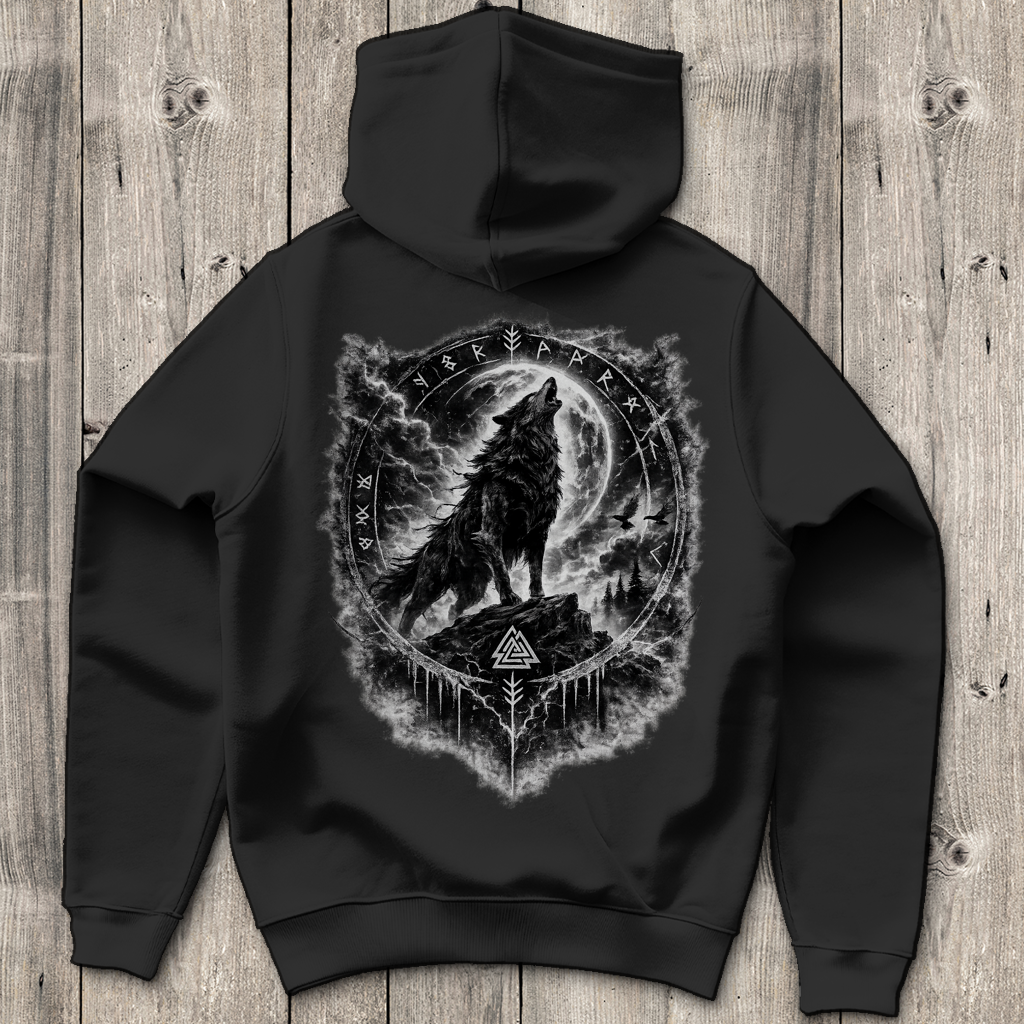 Herren Hoodie Wolf im Runenkreis unter dem Mond