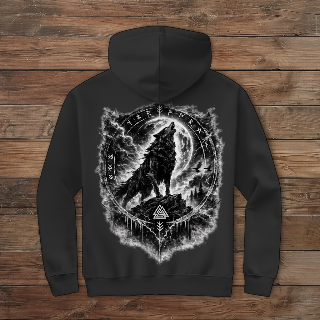 Herren Zipper Hoodie Wolf im Runenkreis unter dem Mond