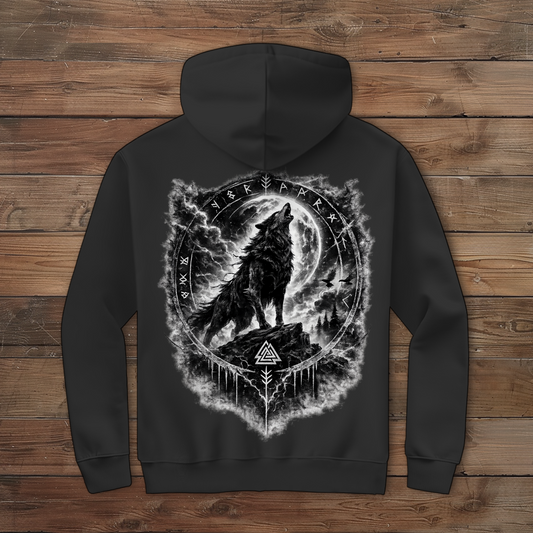 Herren Zipper Hoodie Wolf im Runenkreis unter dem Mond