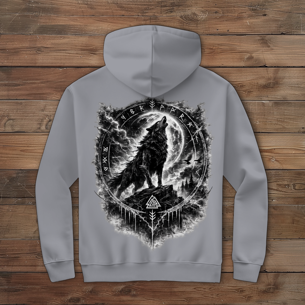 Herren Zipper Hoodie Wolf im Runenkreis unter dem Mond