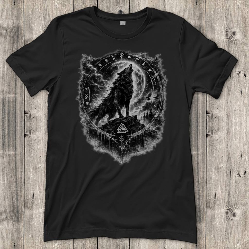 Damen T-Shirt Wolf im Runenkreis unter dem Mond
