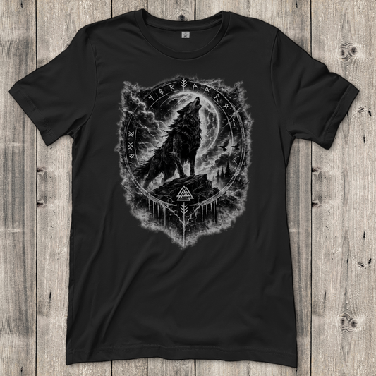 Damen T-Shirt Wolf im Runenkreis unter dem Mond