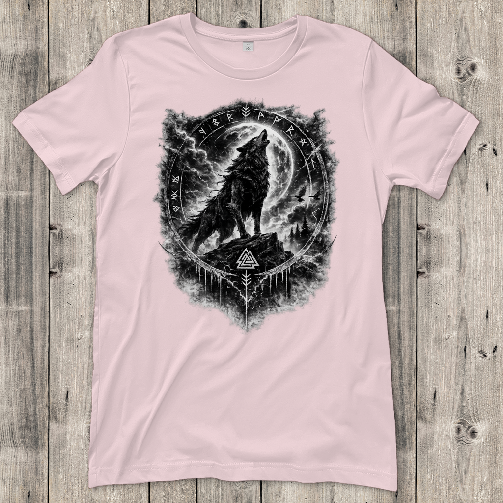 Damen T-Shirt Wolf im Runenkreis unter dem Mond