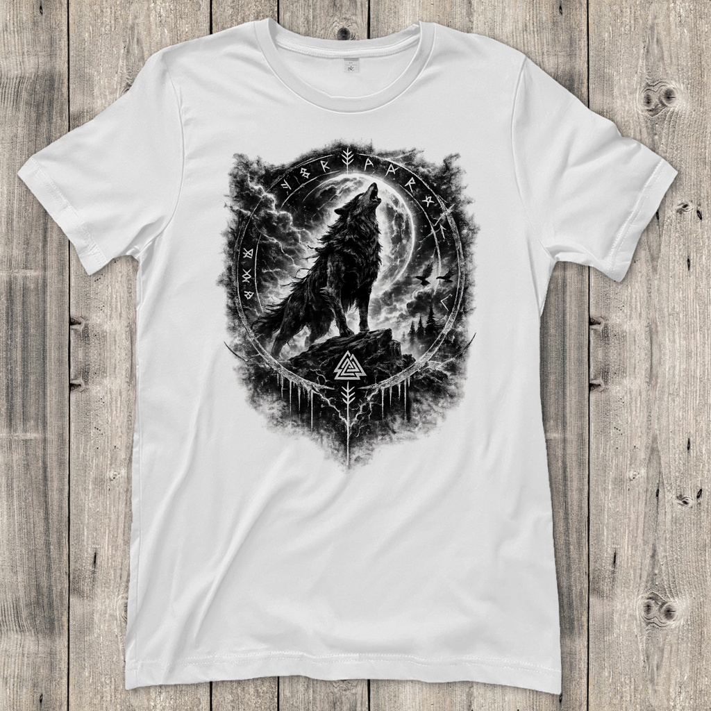 Damen T-Shirt Wolf im Runenkreis unter dem Mond