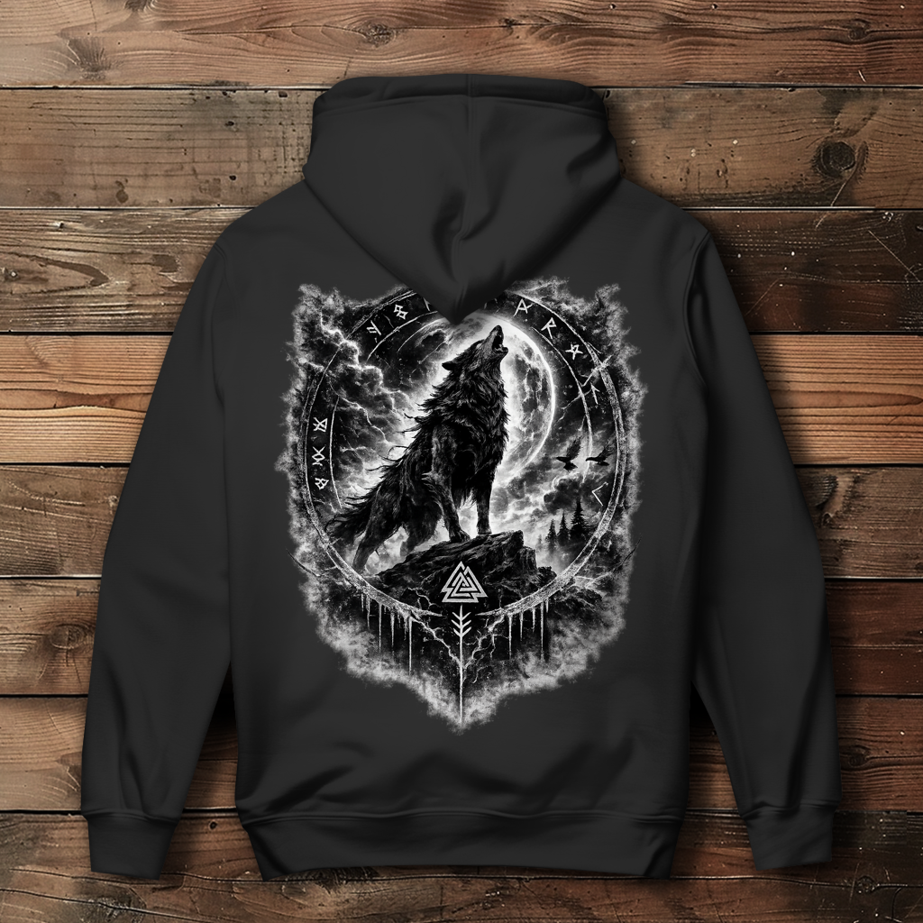 Damen Hoodie Wolf im Runenkreis unter dem Mond