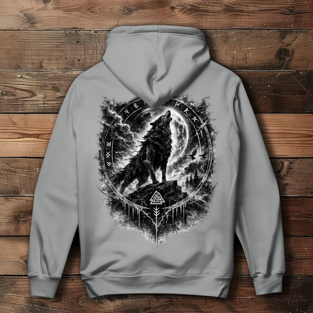 Damen Hoodie Wolf im Runenkreis unter dem Mond