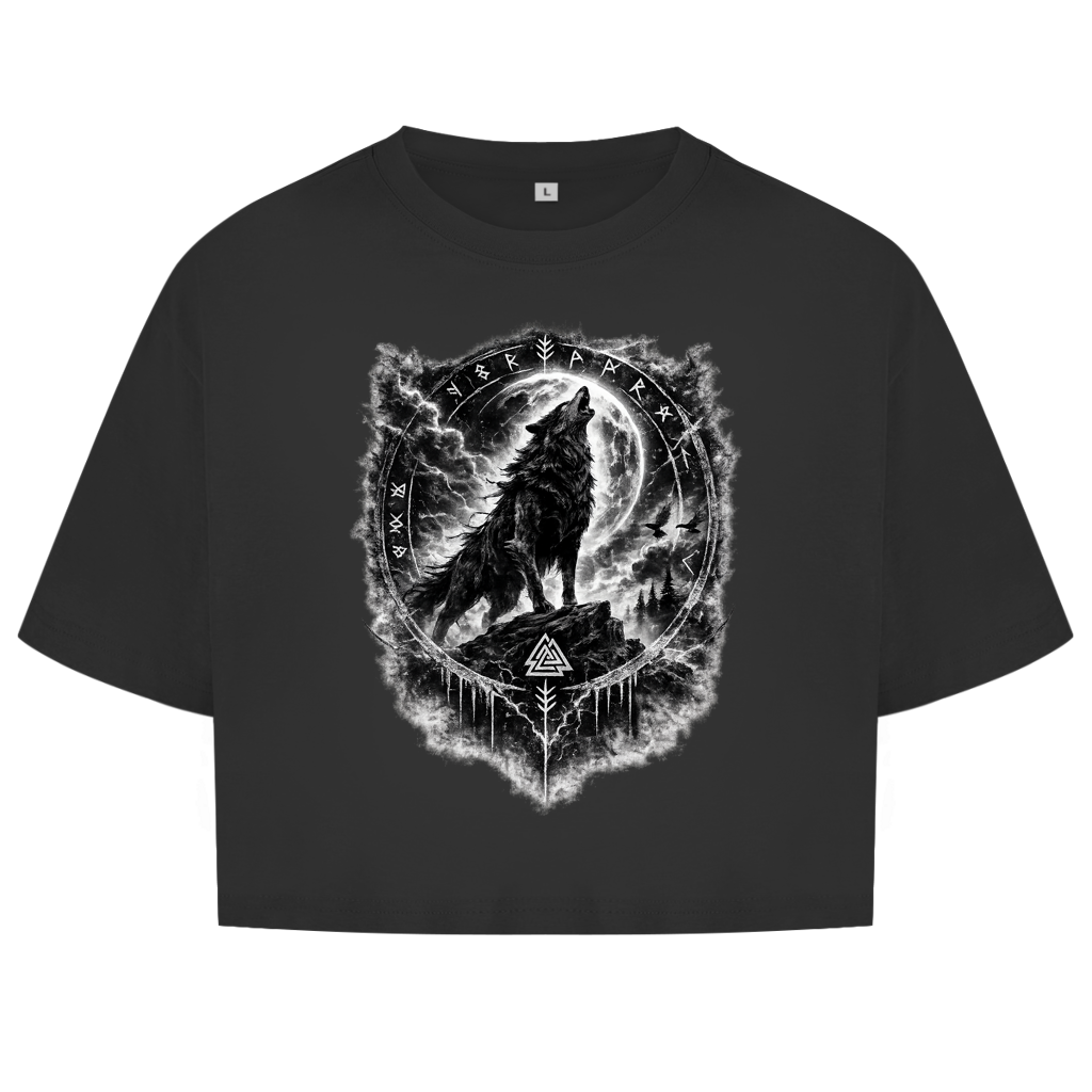 Damen Oversize Crop Top Wolf im Runenkreis unter dem Mond