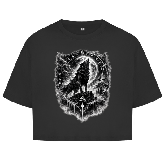 Damen Oversize Crop Top Wolf im Runenkreis unter dem Mond