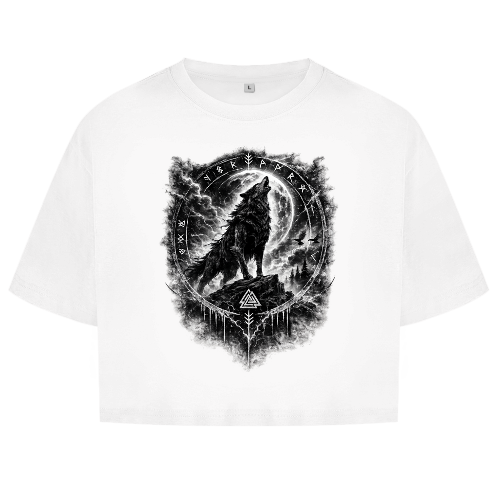 Damen Oversize Crop Top Wolf im Runenkreis unter dem Mond