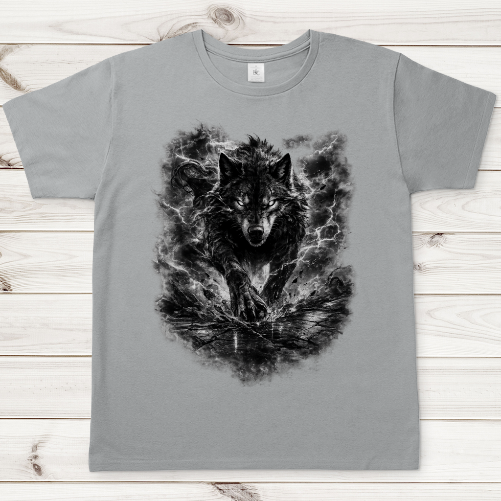 Herren T-Shirt Donnernder Wolf in stürmischer Landschaft