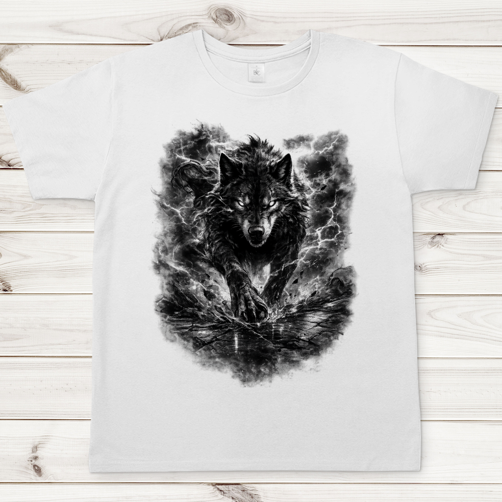 Herren T-Shirt Donnernder Wolf in stürmischer Landschaft