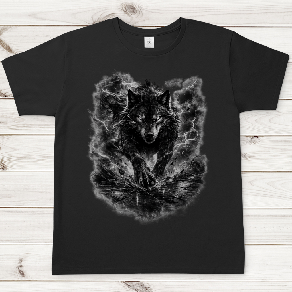 Herren T-Shirt Donnernder Wolf in stürmischer Landschaft