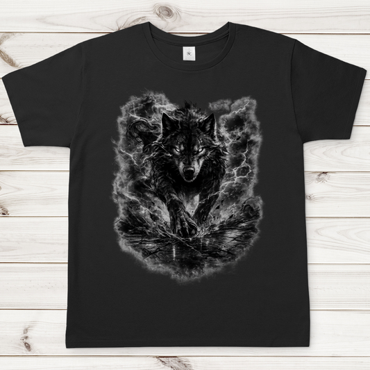 Herren T-Shirt Donnernder Wolf in stürmischer Landschaft