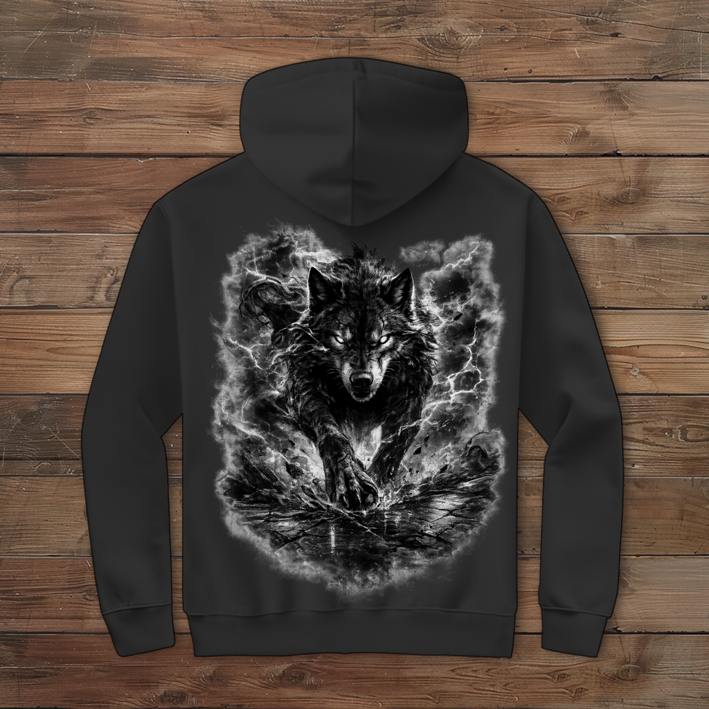 Herren Zipper Hoodie Donnernder Wolf in stürmischer Landschaft
