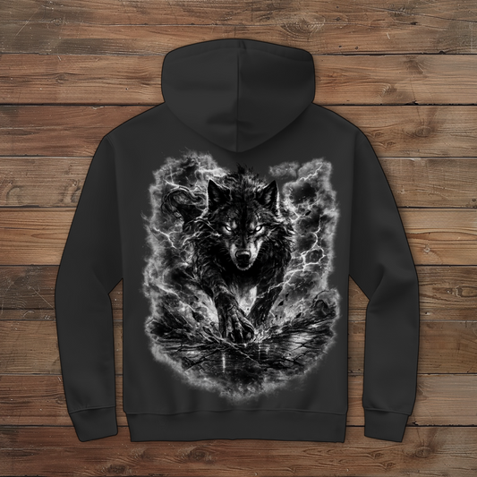 Herren Zipper Hoodie Donnernder Wolf in stürmischer Landschaft