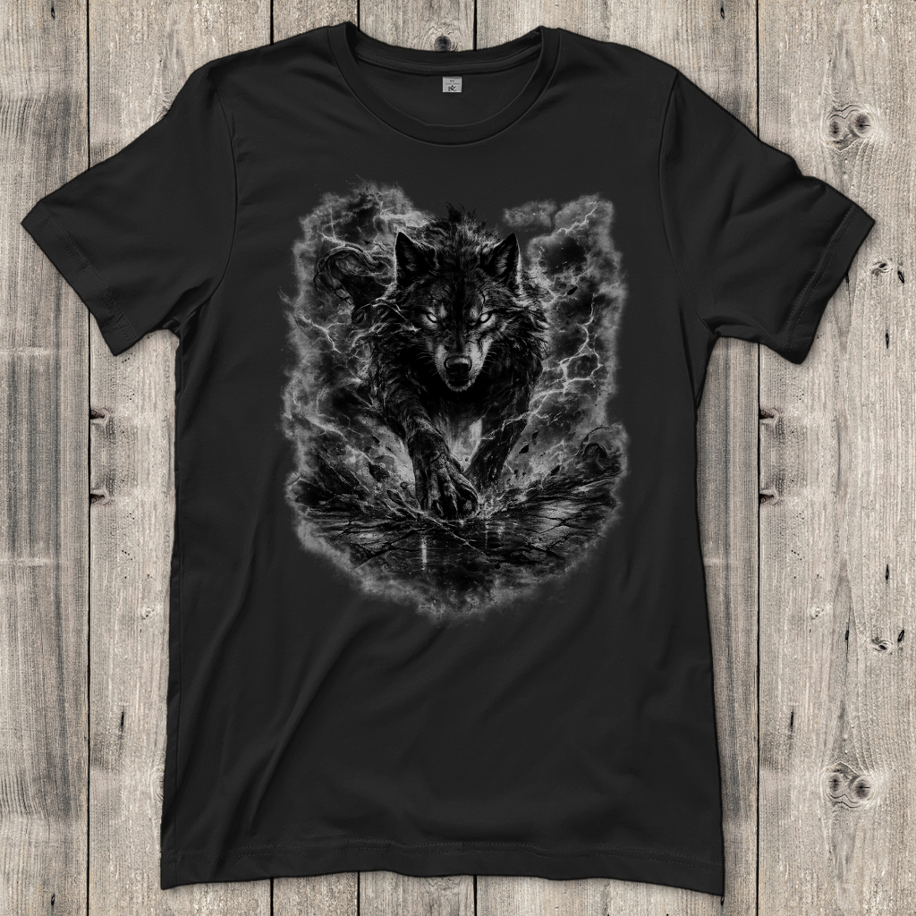 Damen T-Shirt Donnernder Wolf in stürmischer Landschaft