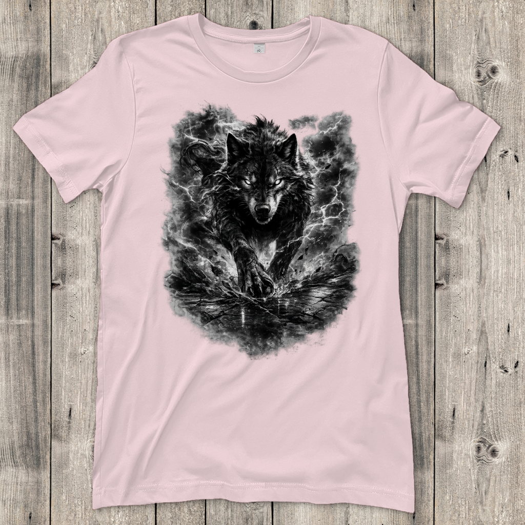 Damen T-Shirt Donnernder Wolf in stürmischer Landschaft