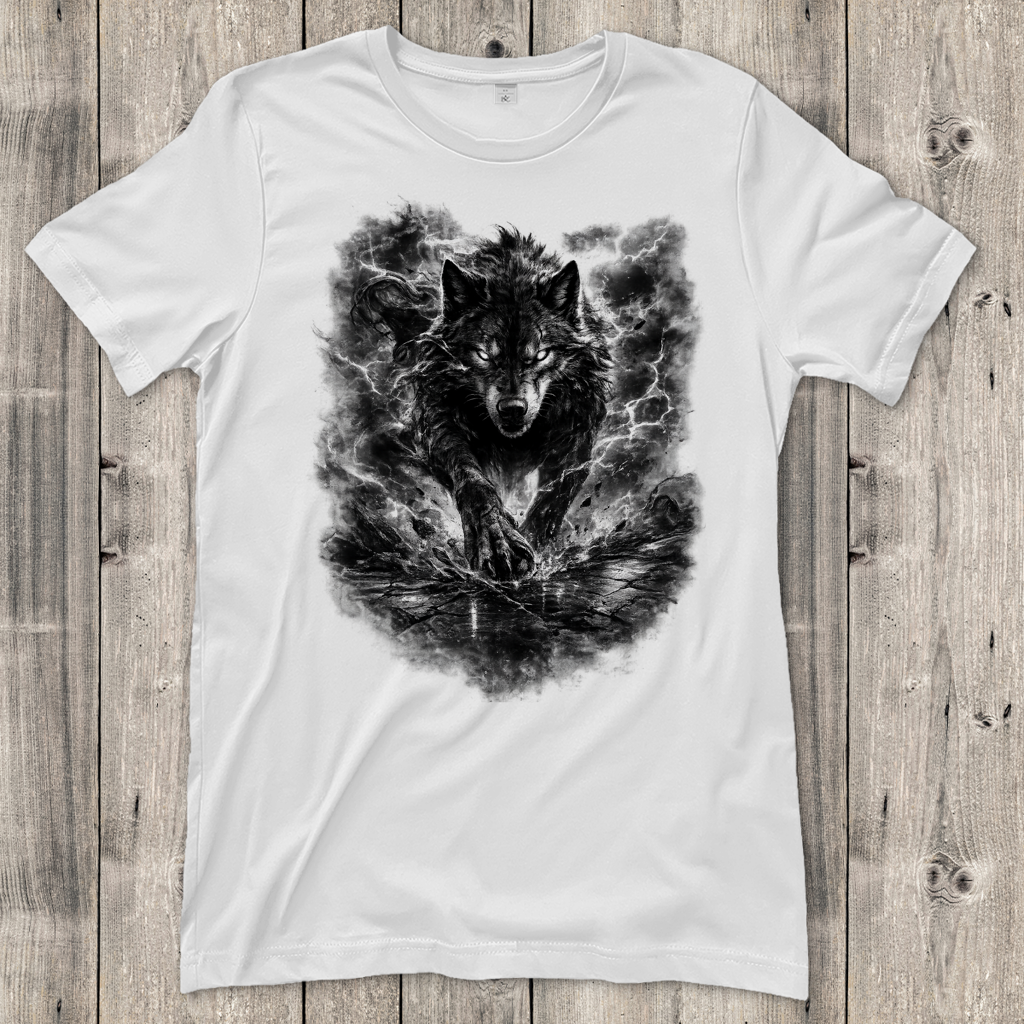 Damen T-Shirt Donnernder Wolf in stürmischer Landschaft