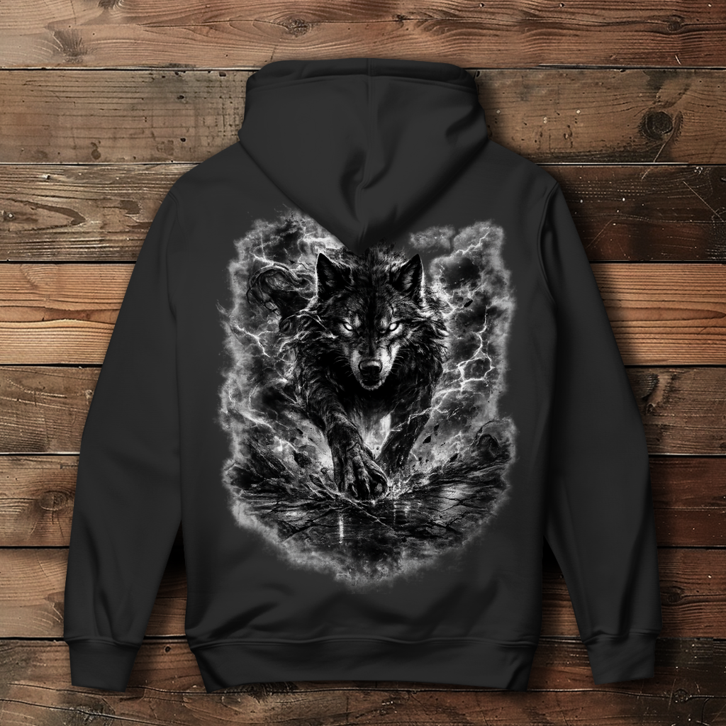 Damen Hoodie Donnernder Wolf in stürmischer Landschaft