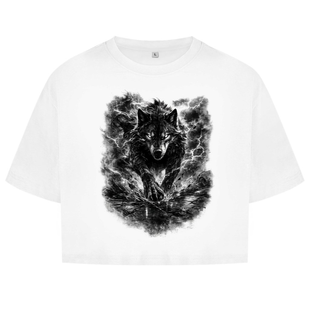 Damen Oversize Crop Top Donnernder Wolf in stürmischer Landschaft