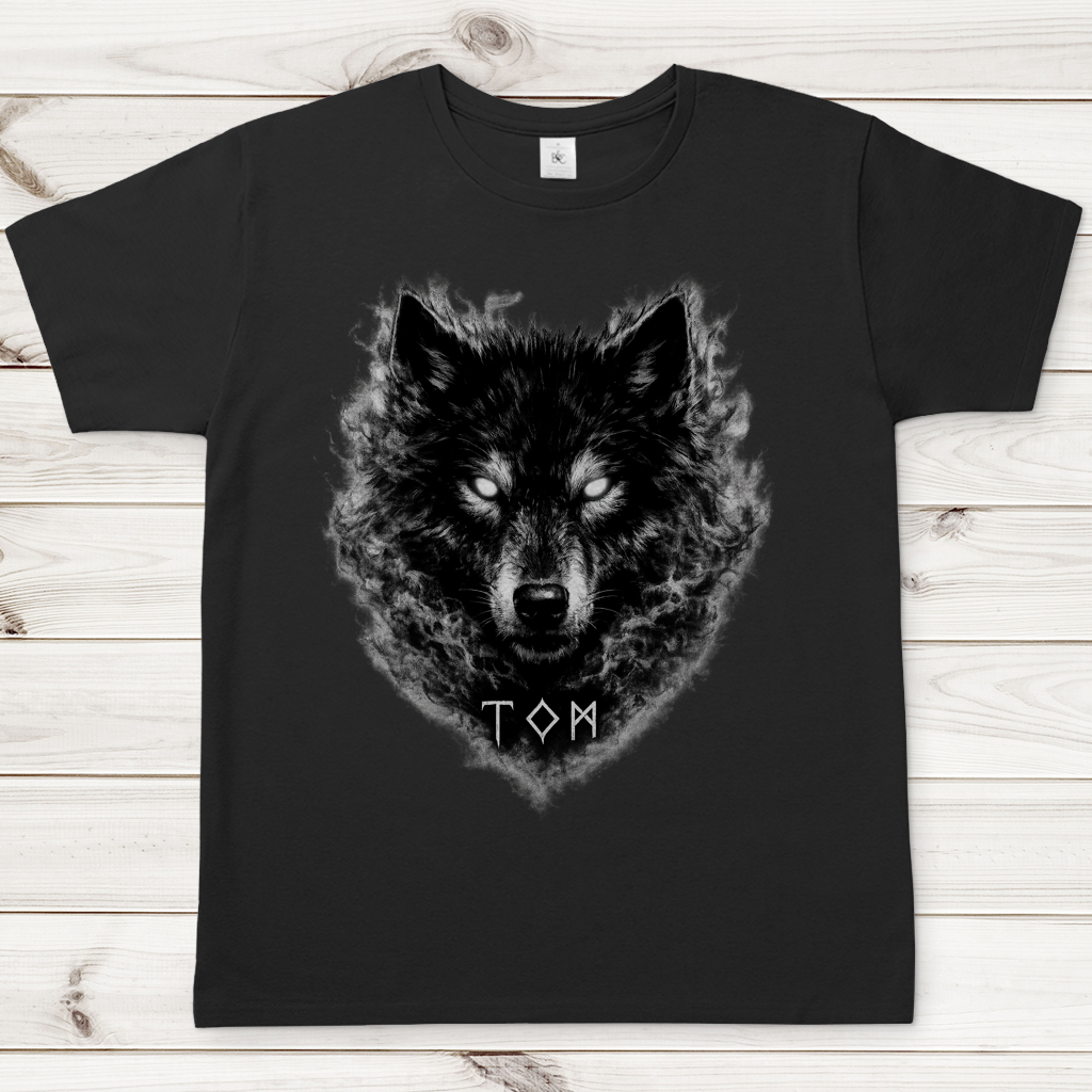 Herren T-Shirt Schwarzer Wolf mit leuchtenden Augen