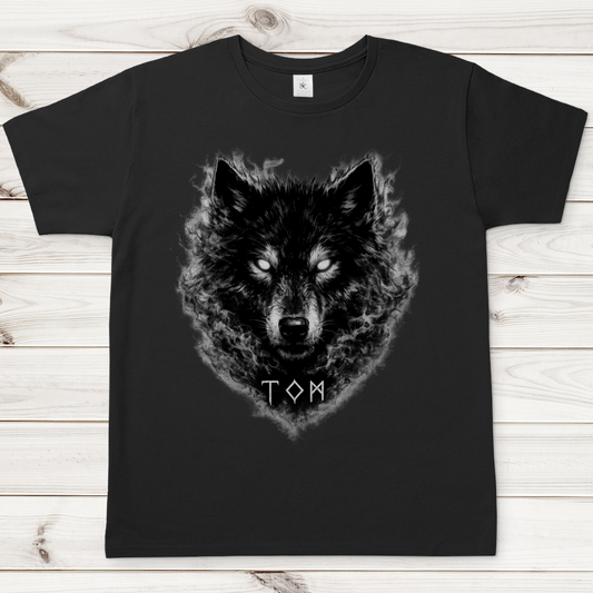 Herren T-Shirt Schwarzer Wolf mit leuchtenden Augen