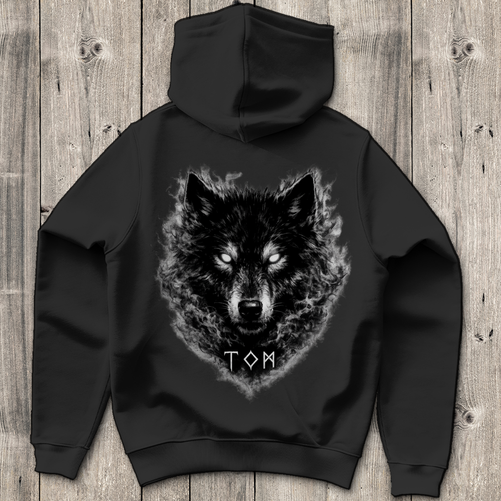 Herren Hoodie Schwarzer Wolf mit leuchtenden Augen