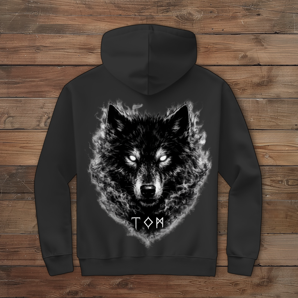 Herren Zipper Hoodie Schwarzer Wolf mit leuchtenden Augen