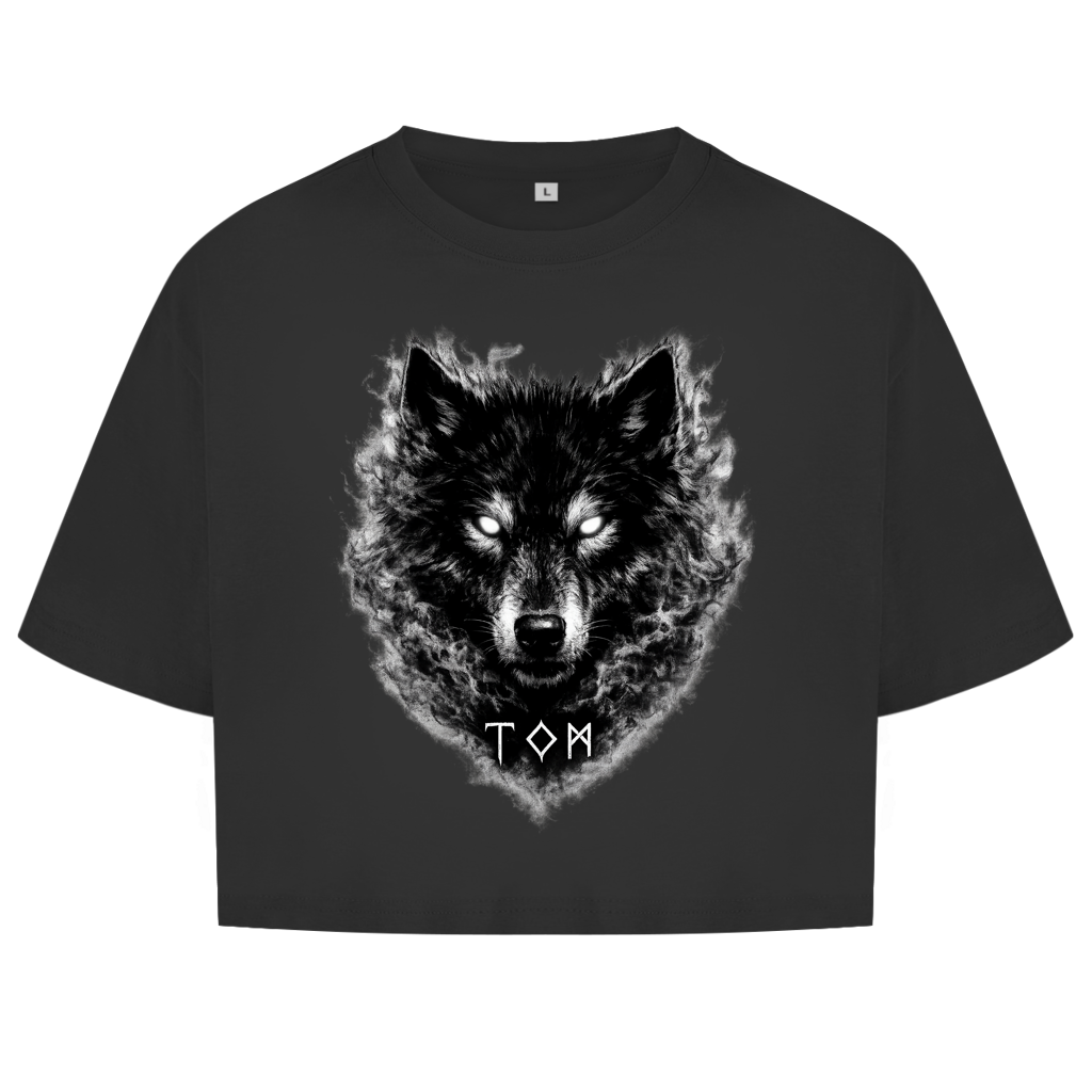 Damen Oversize Crop Top Schwarzer Wolf mit leuchtenden Augen