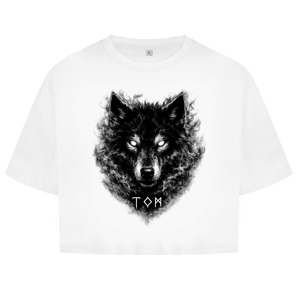 Damen Oversize Crop Top Schwarzer Wolf mit leuchtenden Augen