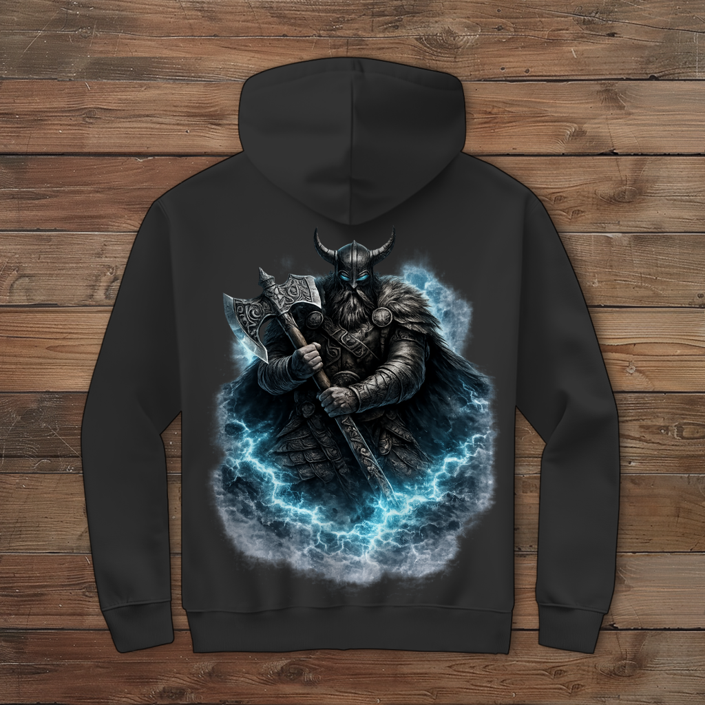 Herren Zipper Hoodie Vikingerkrieger mit leuchtendem Axtkampf