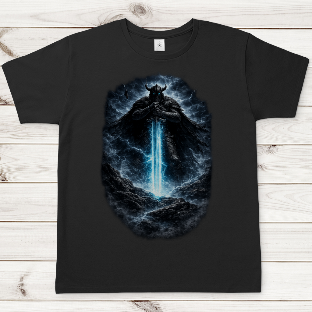 Herren T-Shirt Krieger mit leuchtendem Schwert im Sturm