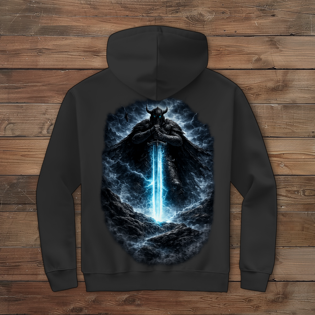 Herren Zipper Hoodie Krieger mit leuchtendem Schwert im Sturm