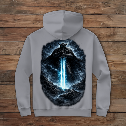 Herren Zipper Hoodie Krieger mit leuchtendem Schwert im Sturm