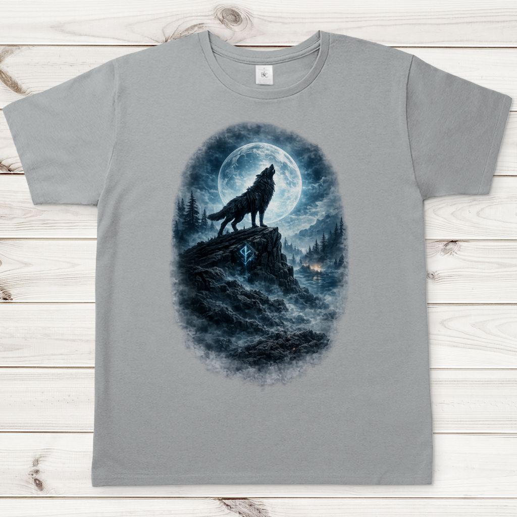 Herren T-Shirt Der heulende Wolf im Mondlicht