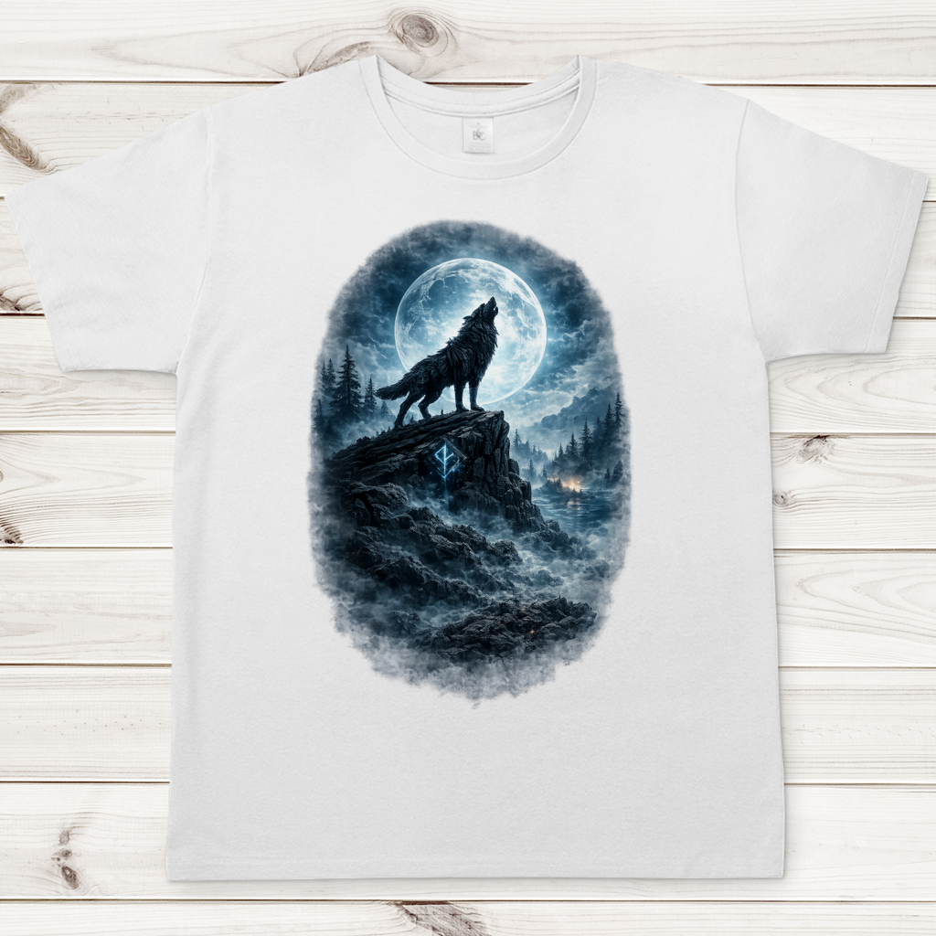 Herren T-Shirt Der heulende Wolf im Mondlicht