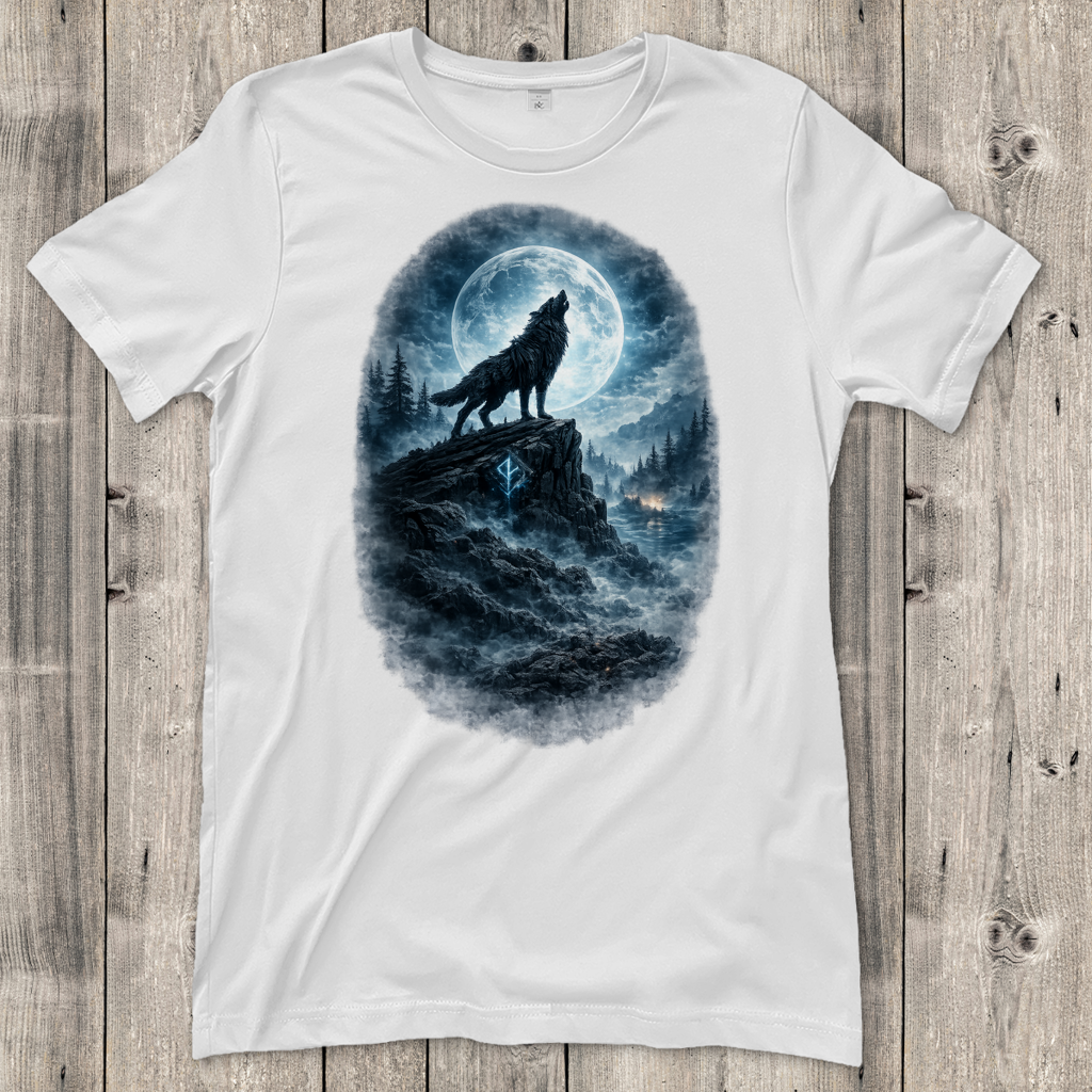 Damen T-Shirt Der heulende Wolf im Mondlicht