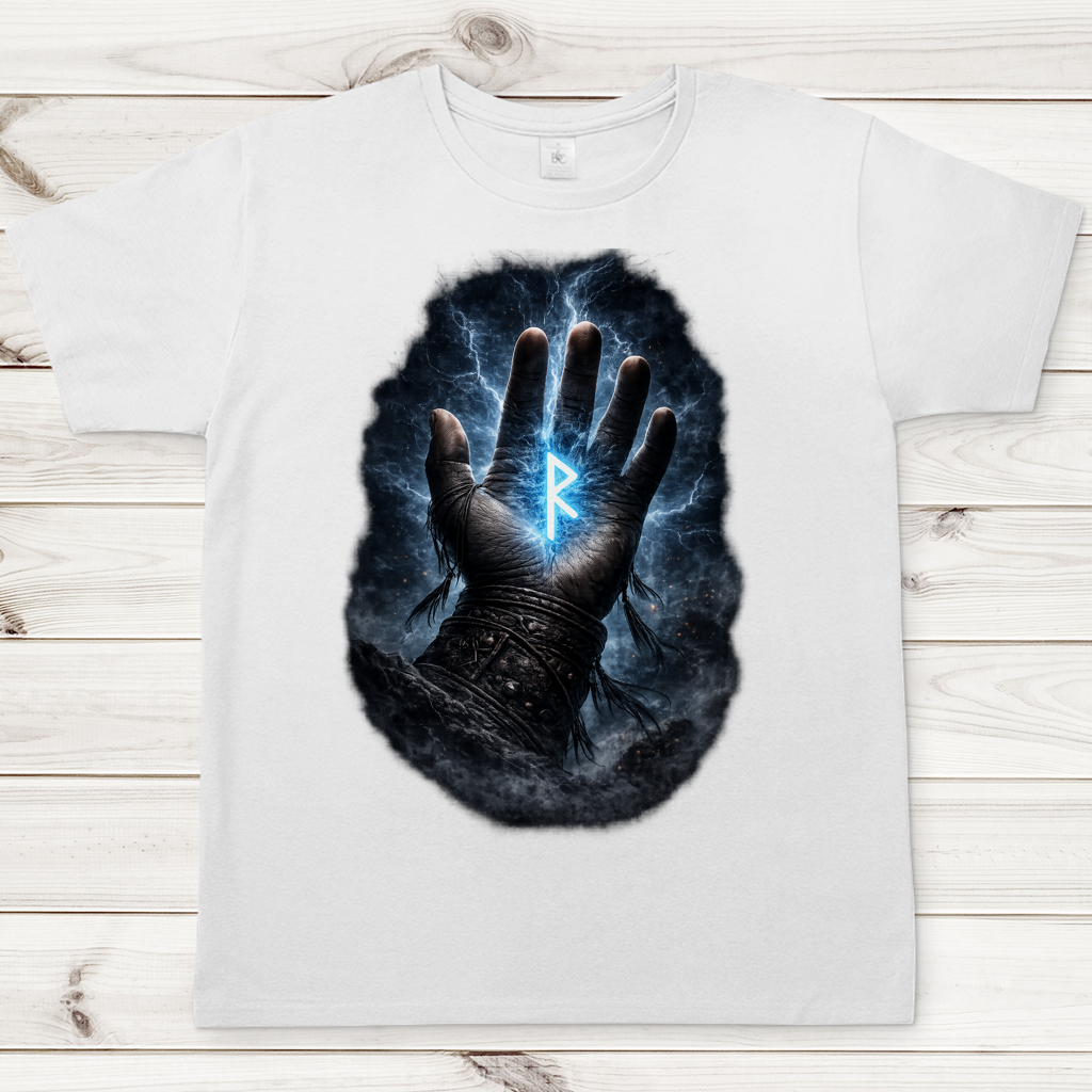 Herren T-Shirt Blauer Rune in stürmischer Hand