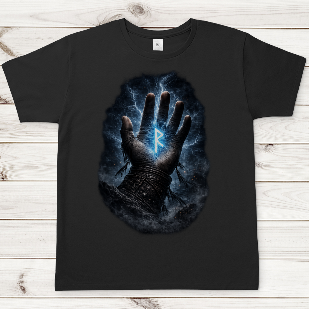 Herren T-Shirt Blauer Rune in stürmischer Hand