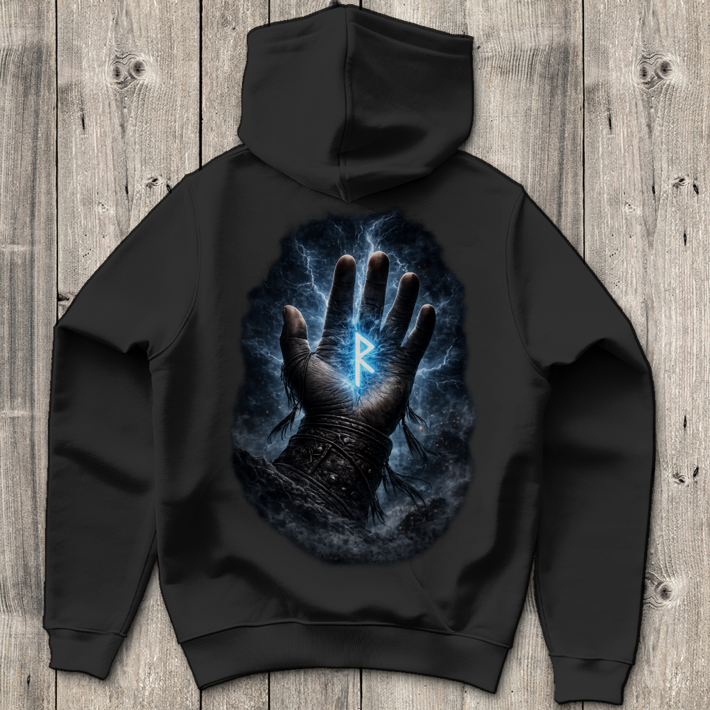 Herren Hoodie Blauer Rune in stürmischer Hand