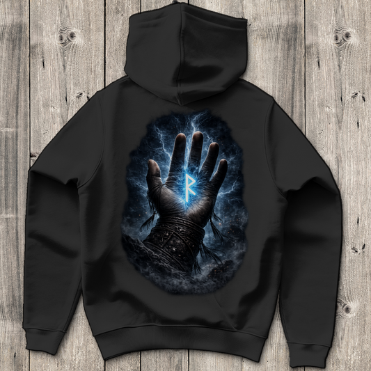 Herren Hoodie Blauer Rune in stürmischer Hand